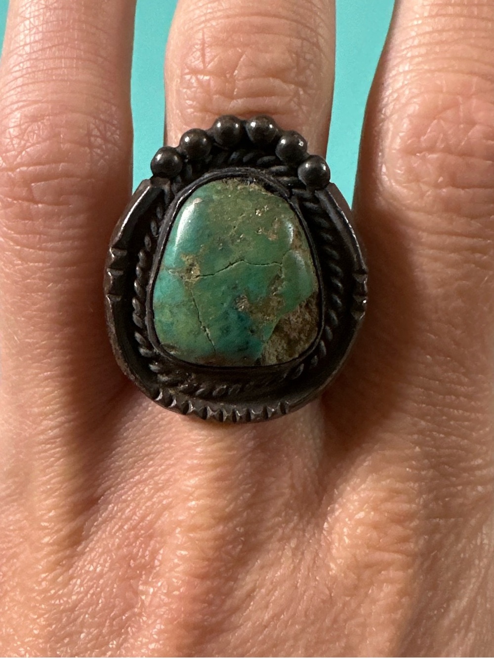 Vintage 1940s Sterling Silver Old Pawn Navajo Turquoise Ring